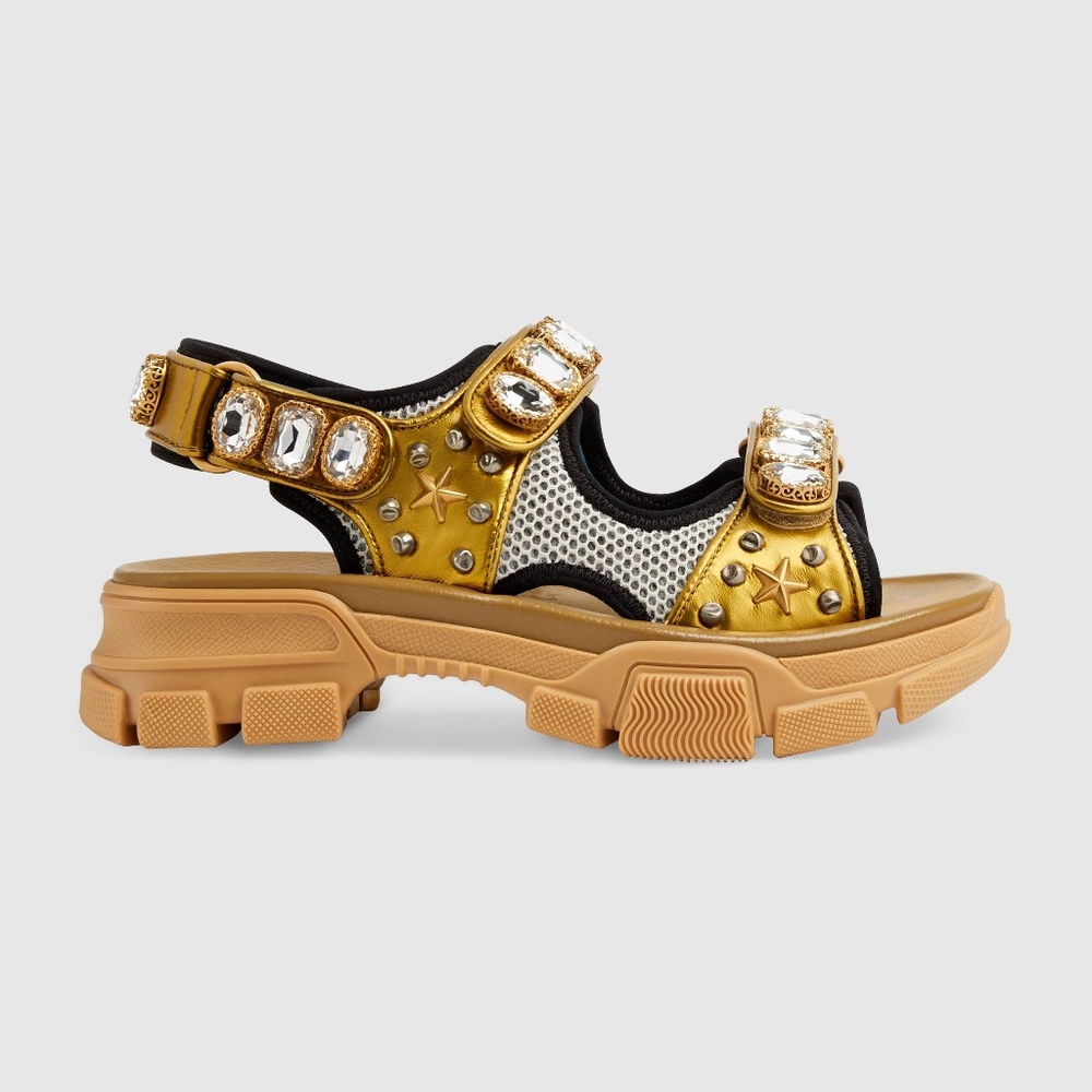 NWT Gucci Crystal Metallic Leather sandal - Brown